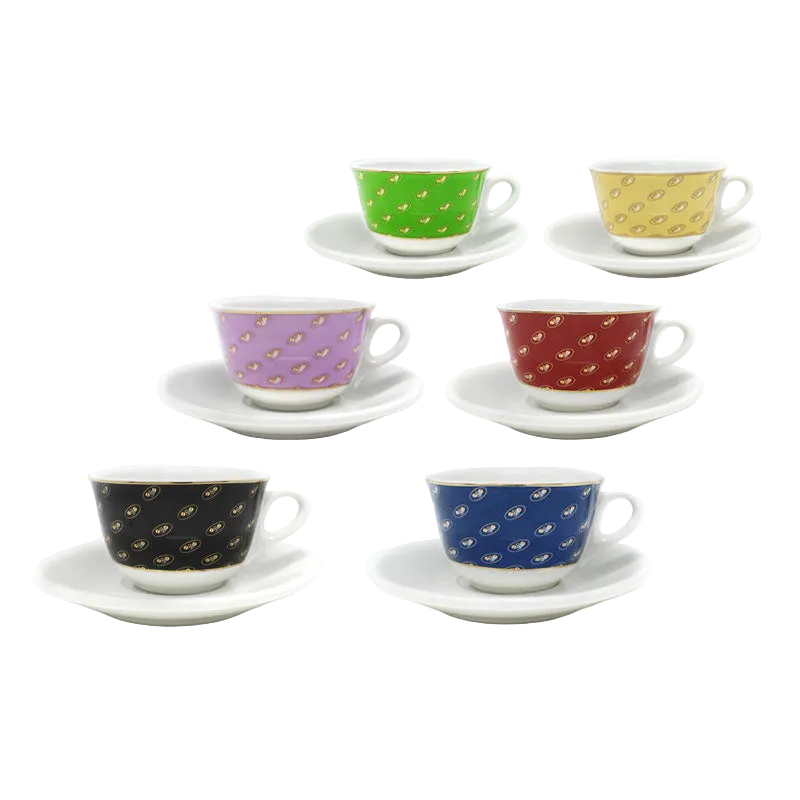 Set Da Caffè 6 Tazze Cappuccino In Ceramica Con Piattini E Cucchiai - 200 Ml, Bordo Dorato E Motivo Floreale In Rilievo, Eleganza Per La Tavola